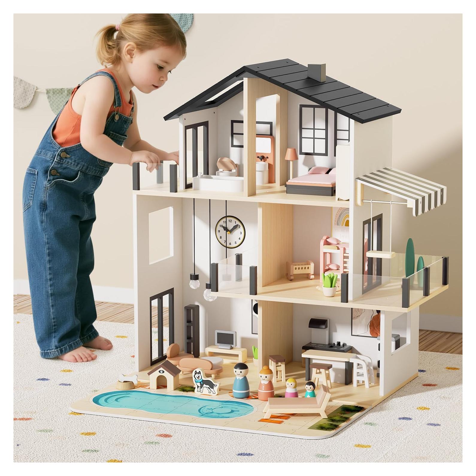 Casa de Muñecas de Madera BIERUM con 49 Accesorios - Negro