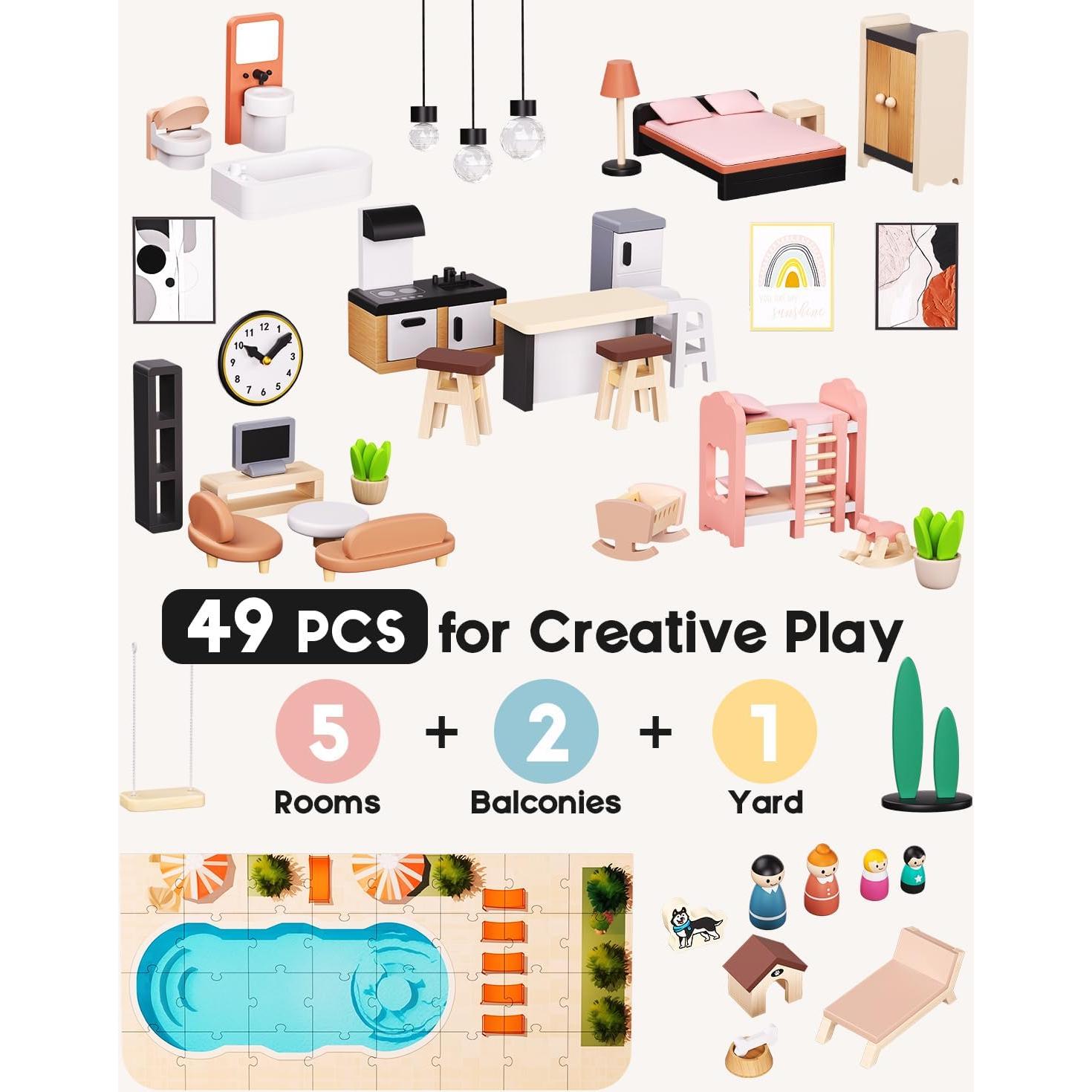 Casa de Muñecas de Madera BIERUM con 49 Accesorios - Negro