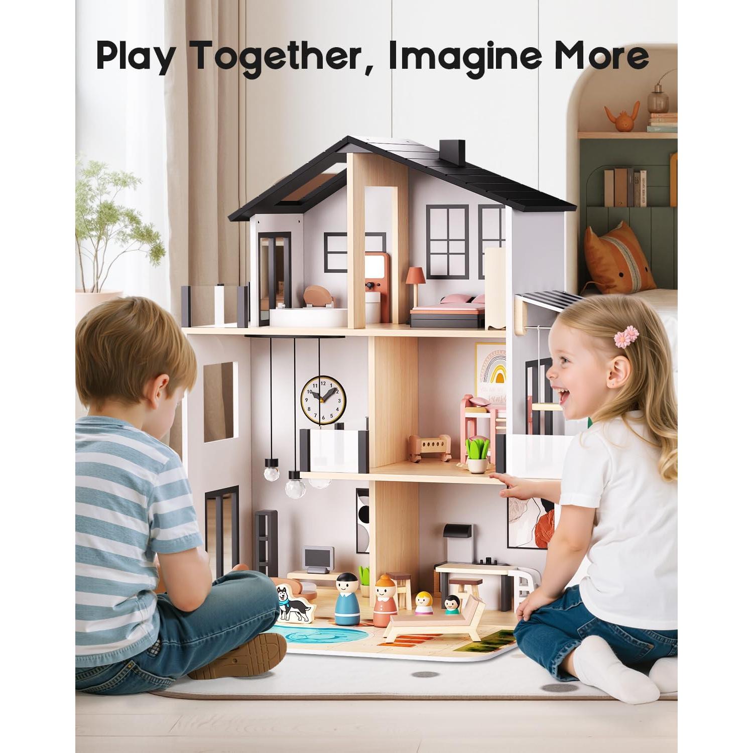 Casa de Muñecas de Madera BIERUM con 49 Accesorios - Negro