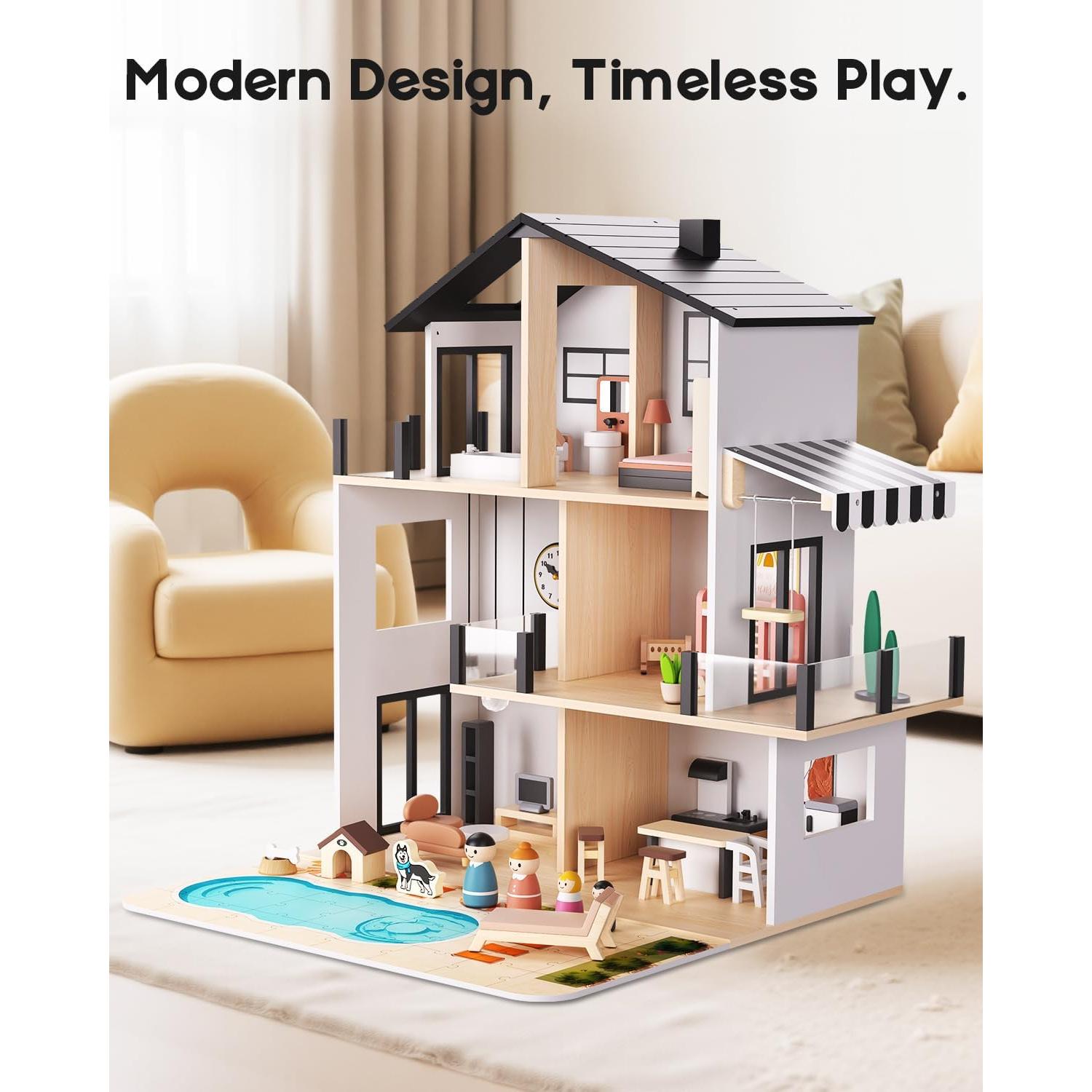 Casa de Muñecas de Madera BIERUM con 49 Accesorios - Negro