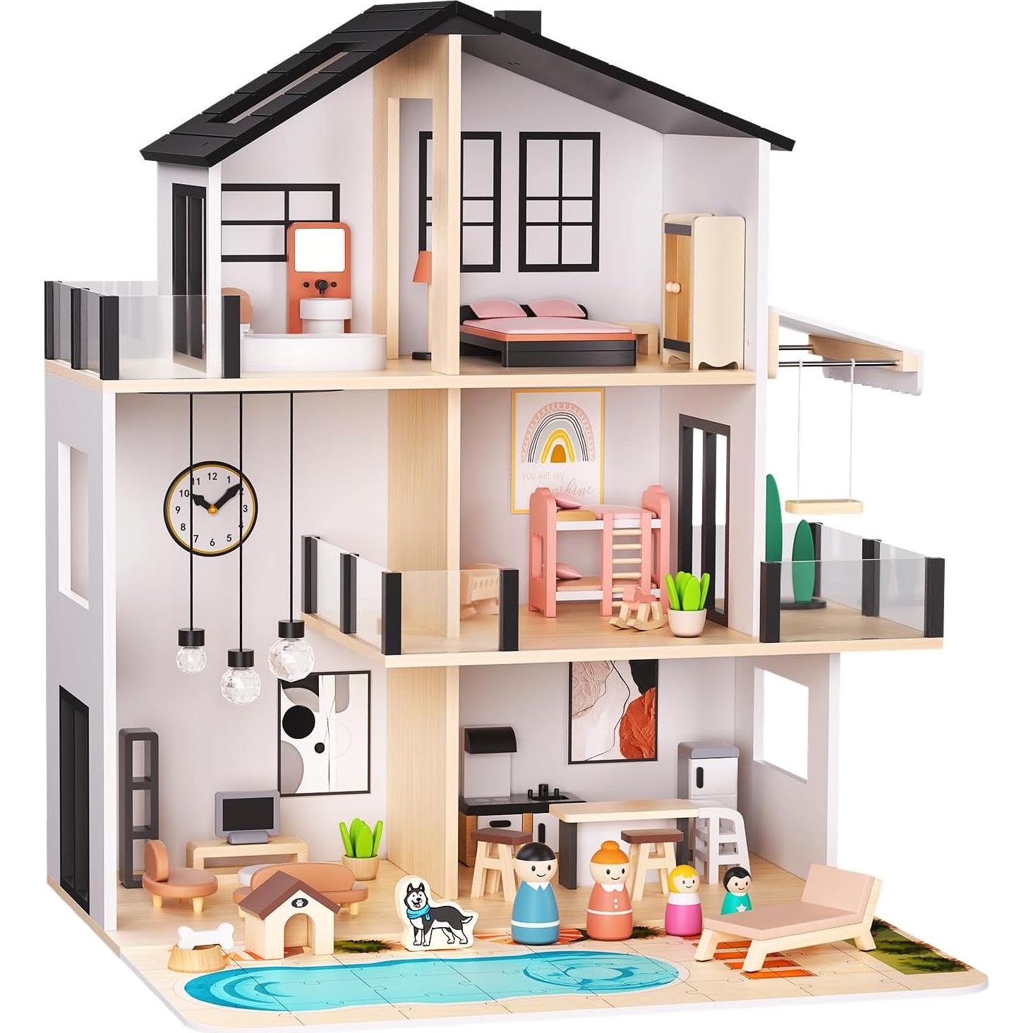 Casa de Muñecas de Madera BIERUM con 49 Accesorios - Negro