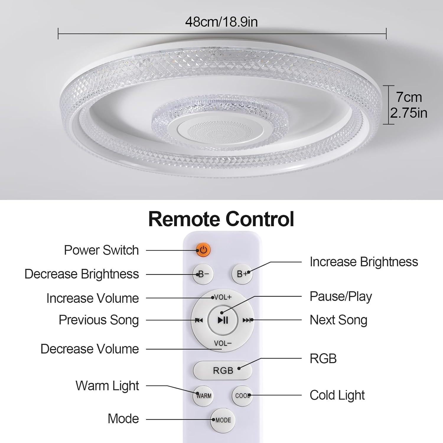 Luz de Techo Inteligente HENTAG 45.72cm RGB con Altavoz Bluetooth