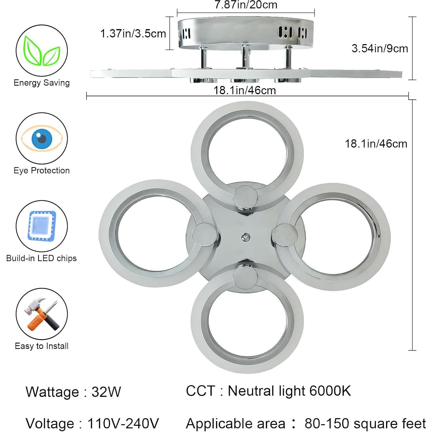 Luz de Techo LED Moderna Higufyier Cromo 32W 6000K 46cm
