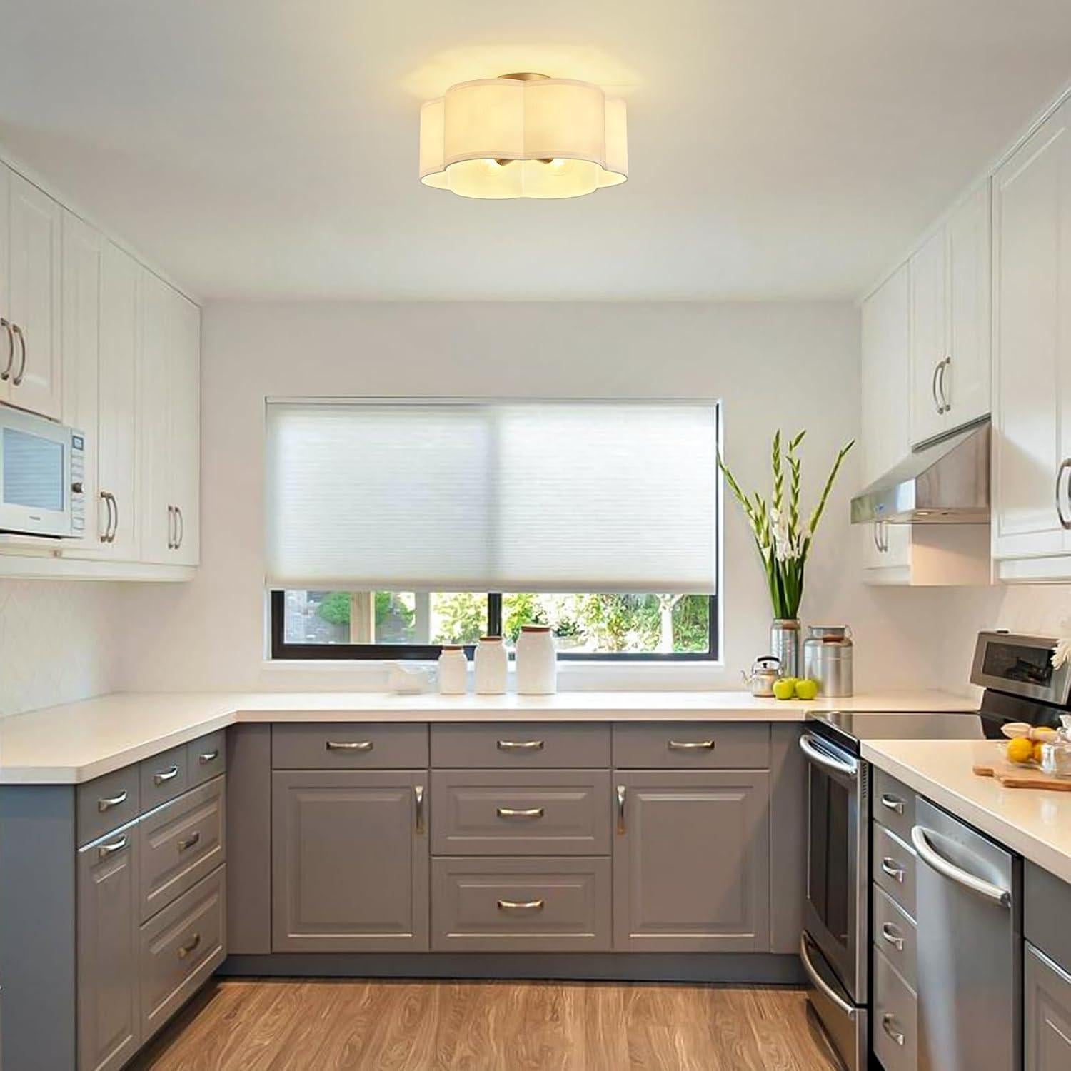 Luz de Techo Semi Flush OFLNLL 6 Luces Oro Tela Blanca