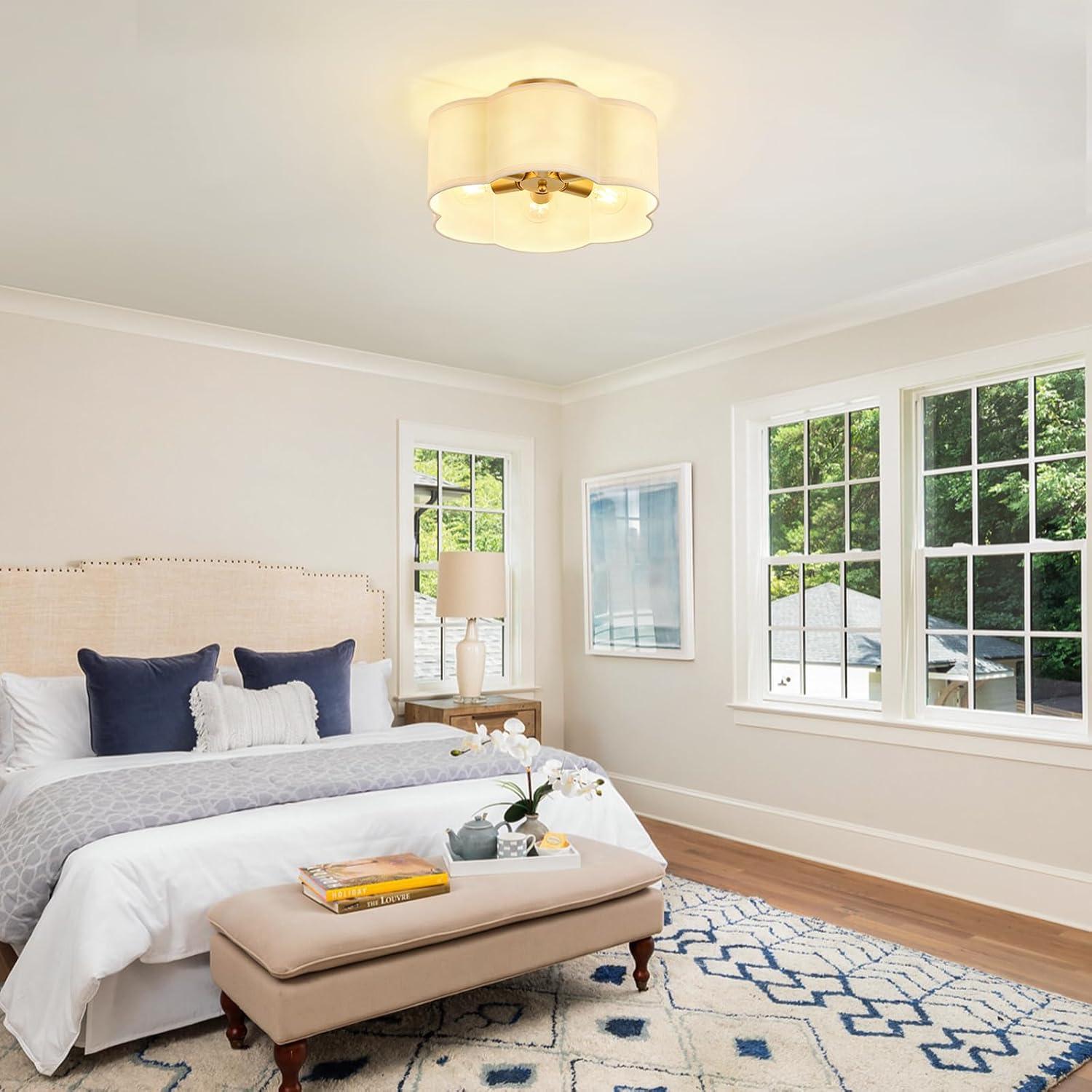 Luz de Techo Semi Flush OFLNLL 6 Luces Oro Tela Blanca