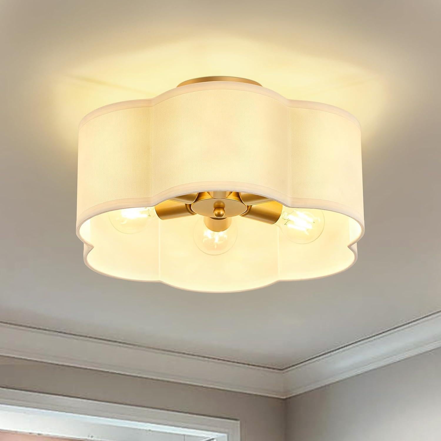 Luz de Techo Semi Flush OFLNLL 6 Luces Oro Tela Blanca