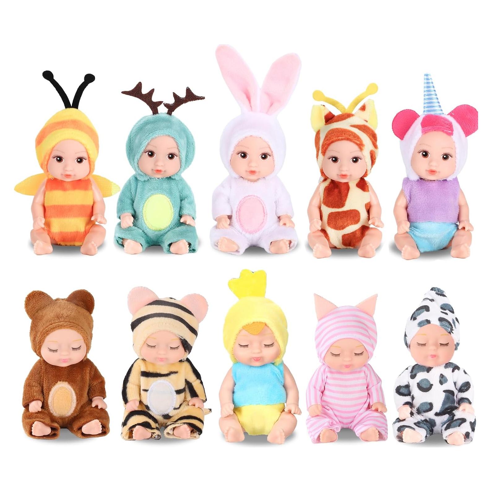 Juego de 10 Mini Muñecas Reborn 10 cm con Ropa de Animales