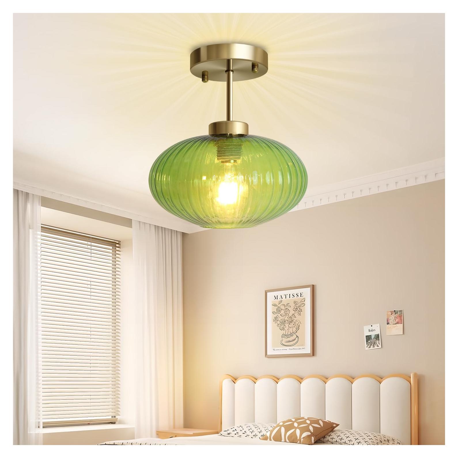 Lámpara de Techo Vintage Blusun 30 cm Vidrio Verde Rayas