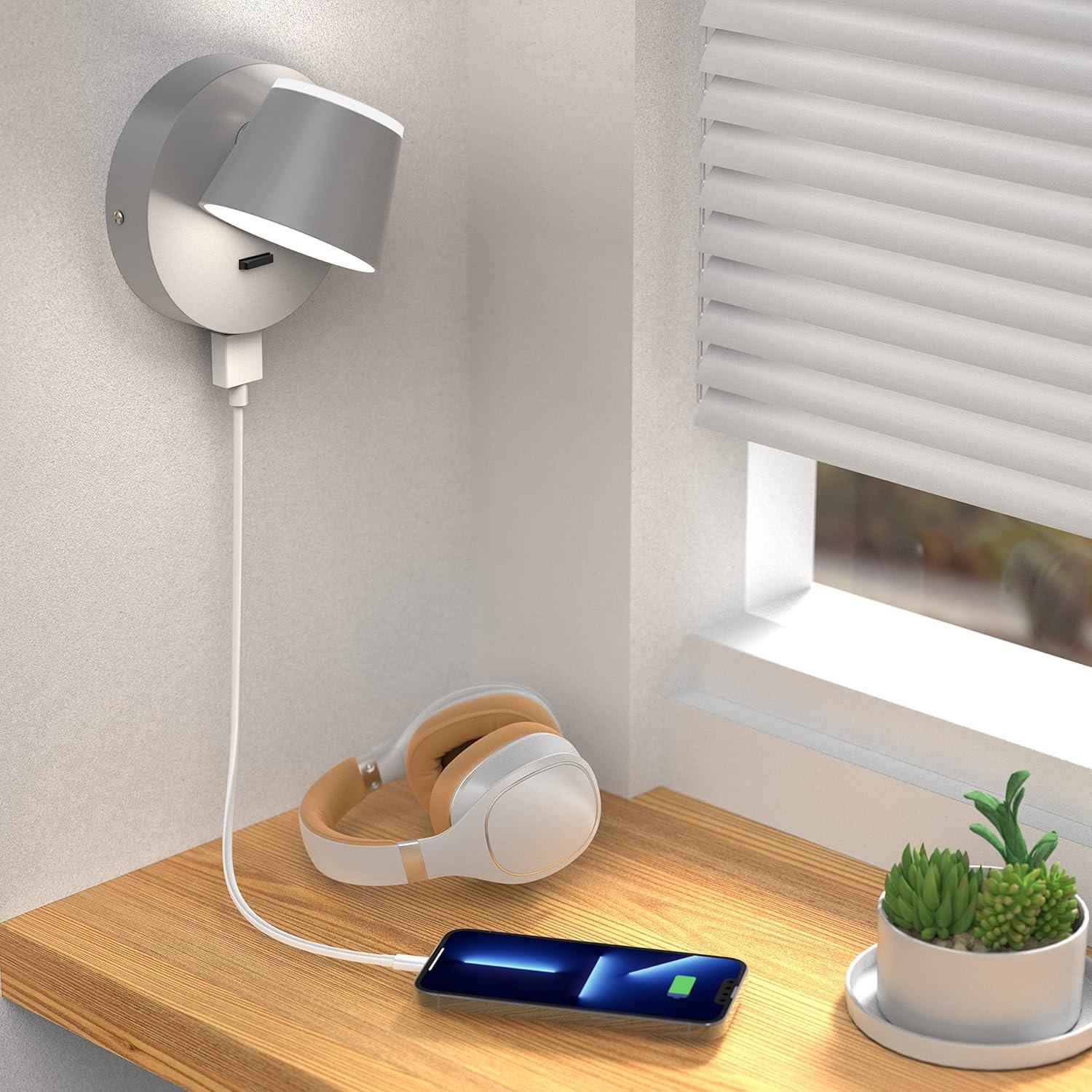 Aplique de pared LED URSOLA Gris con USB y rotación 350°