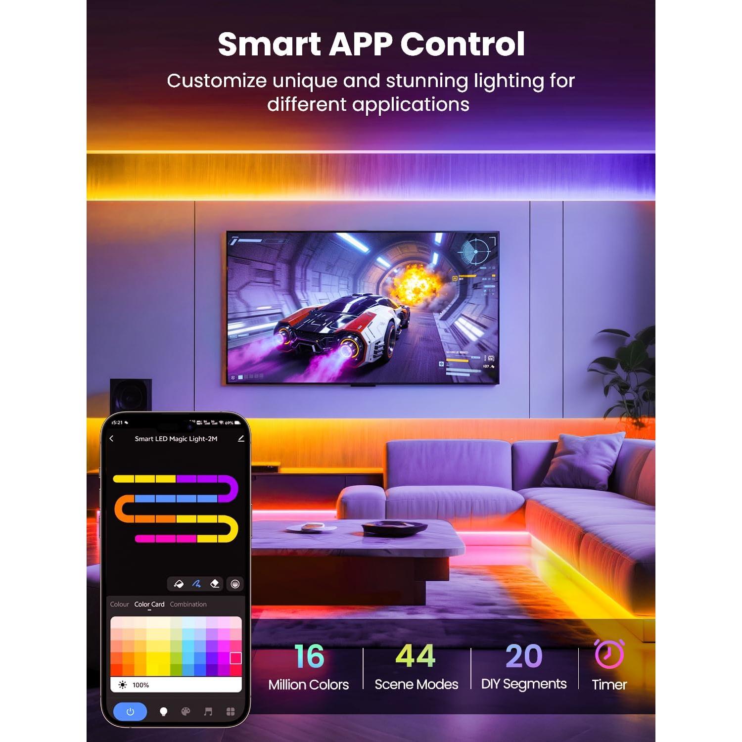 Tira LED RGB+IC 31.7m YULINKCO, Control APP Bluetooth, 44 Modos