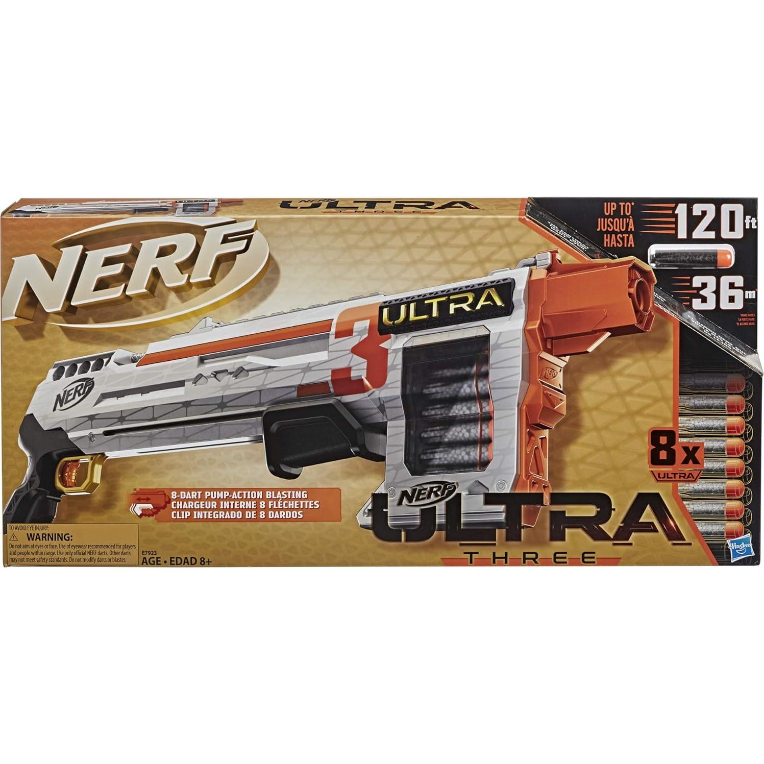 Blaster Nerf Ultra Three con 8 Dardos Ultra - Acción de Bomba