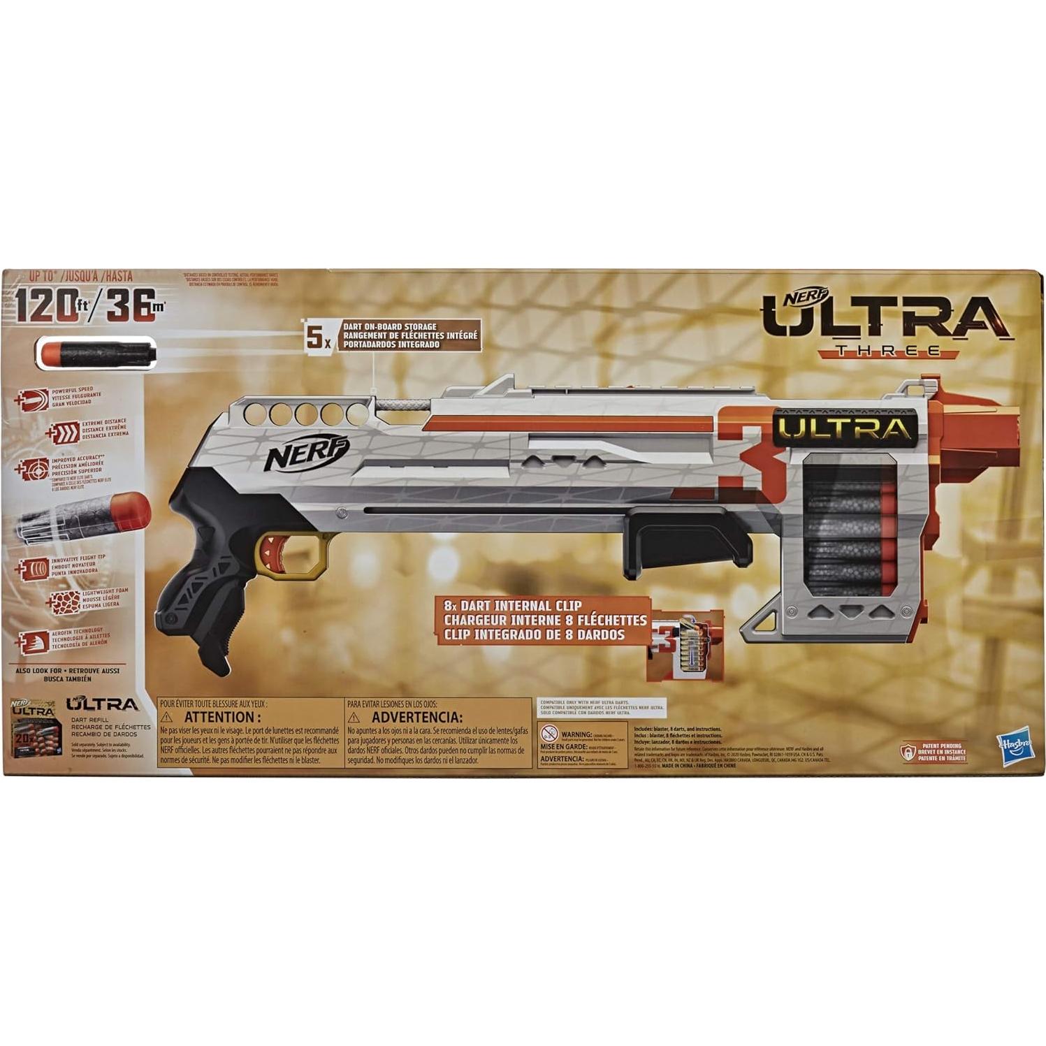 Blaster Nerf Ultra Three con 8 Dardos Ultra - Acción de Bomba