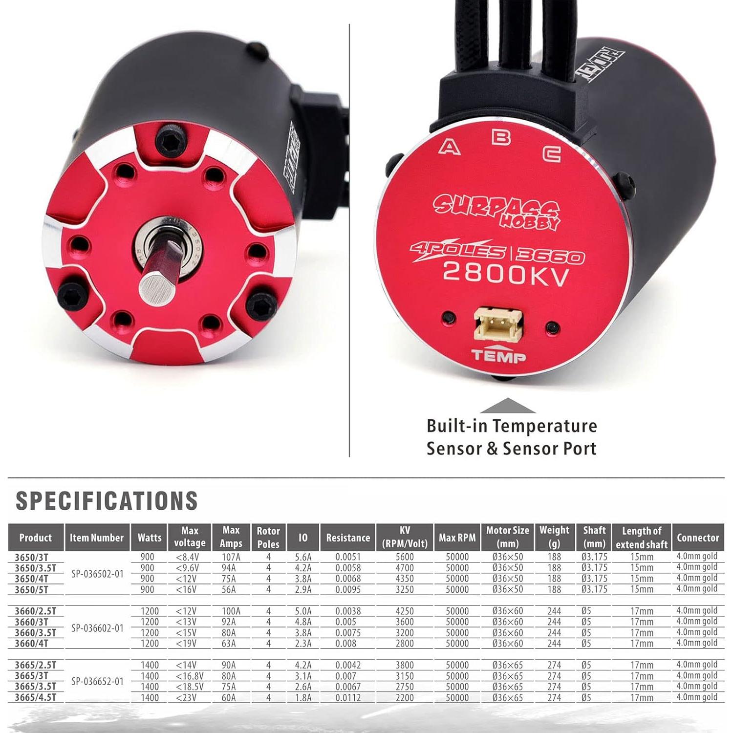 Motor sin escobillas Surpass Hobby 3660 2800KV para RC 1/10