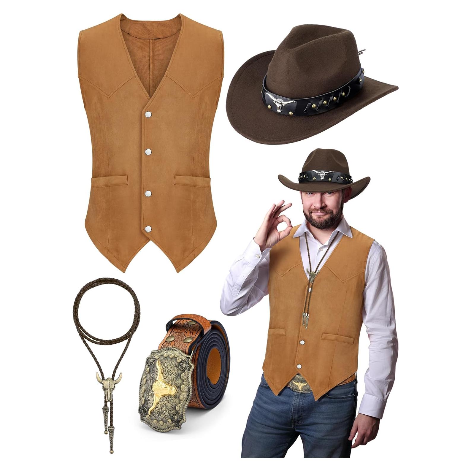 Traje de Vaquero Completo para Hombre - Chaleco, Sombrero, Cinturón y Corbata Bolo