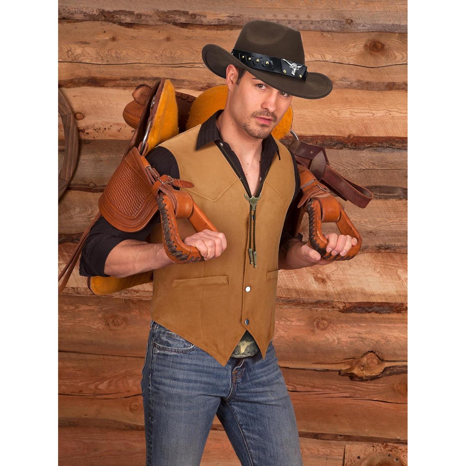 Traje de Vaquero Completo para Hombre - Chaleco, Sombrero, Cinturón y Corbata Bolo