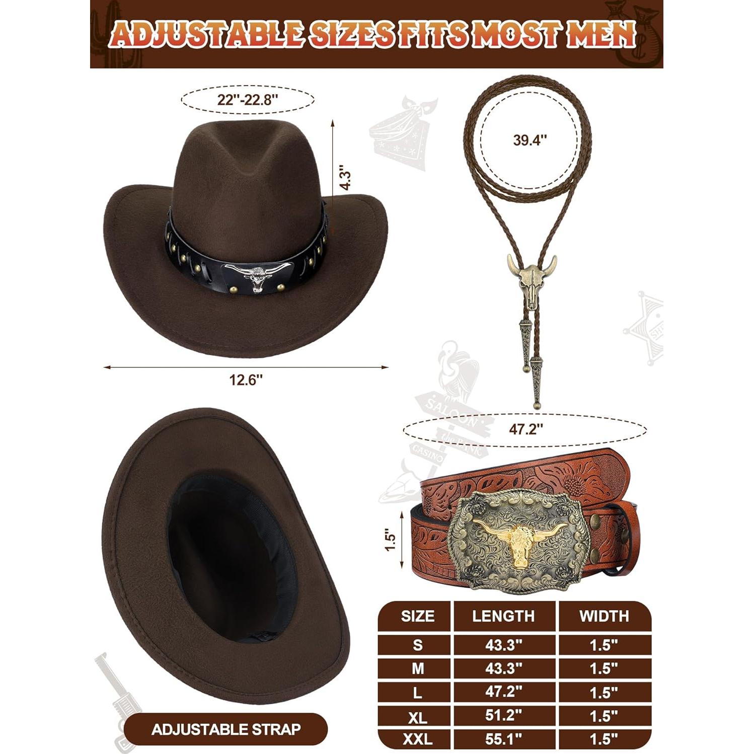 Traje de Vaquero Completo para Hombre - Chaleco, Sombrero, Cinturón y Corbata Bolo