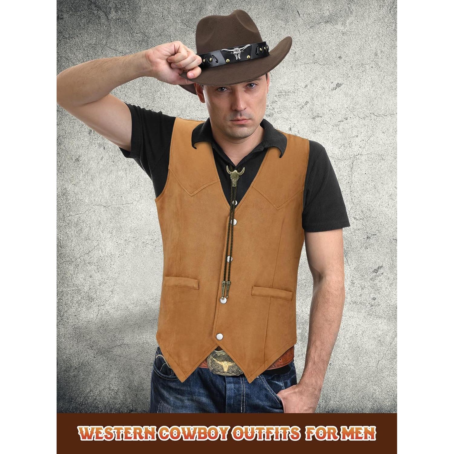 Traje de Vaquero Completo para Hombre - Chaleco, Sombrero, Cinturón y Corbata Bolo