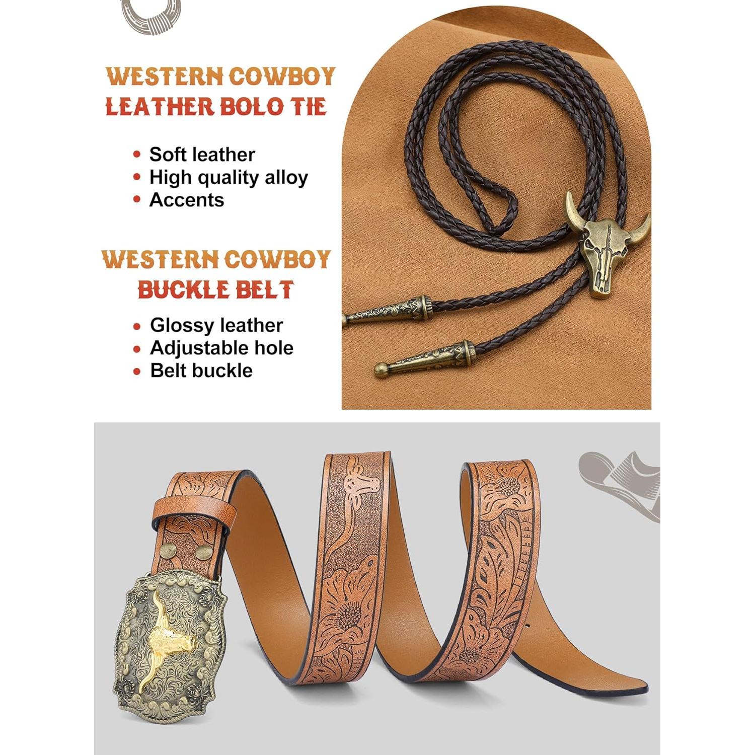 Traje de Vaquero Completo para Hombre - Chaleco, Sombrero, Cinturón y Corbata Bolo