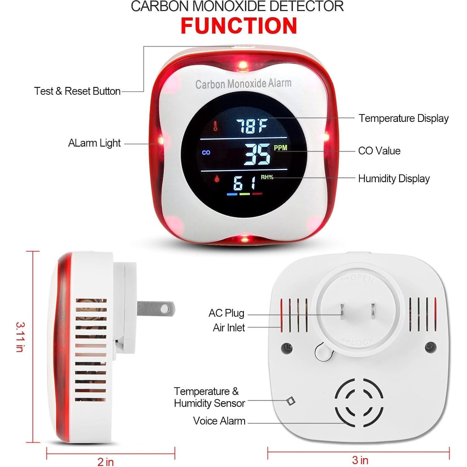 Detector de Monóxido de Carbono Vzmcov KH105 Plug-in con Pantalla