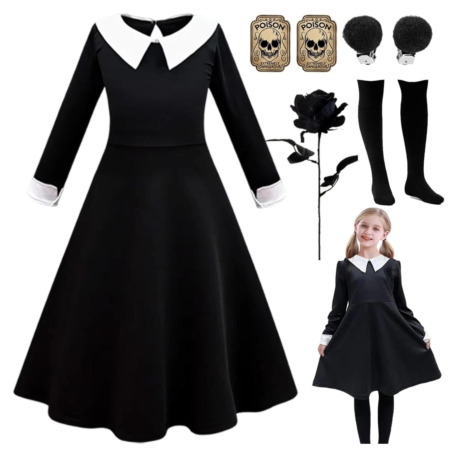 Disfraz de Merlina para Niñas 4-12 Años Vestido Negro y Accesorios