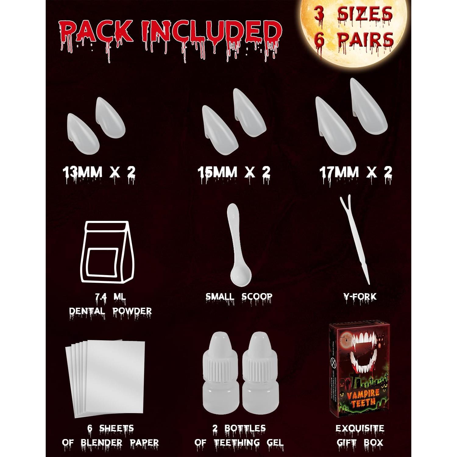Colmillos de Vampiro TLPUHU - 6 Pares en 3 Tamaños para Halloween