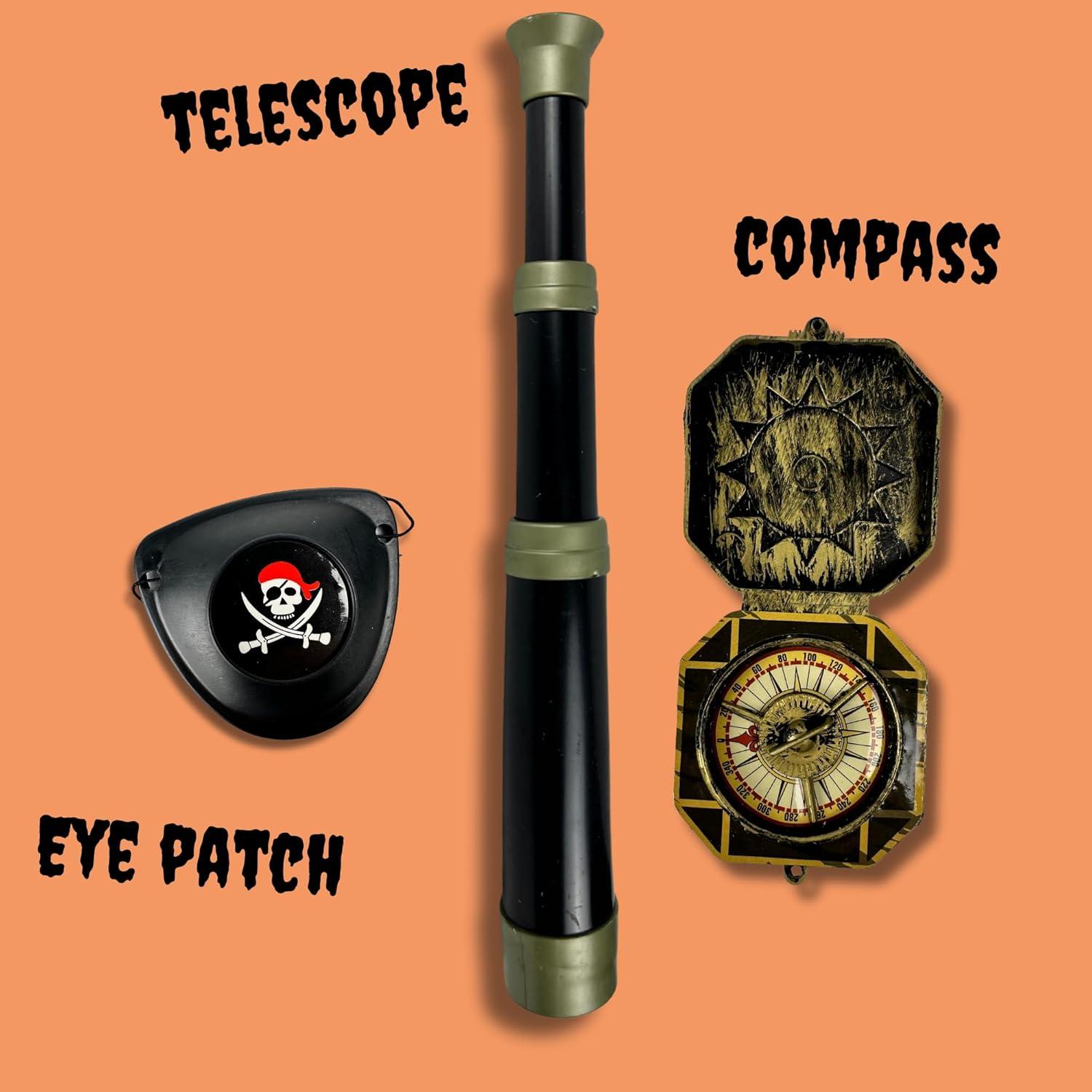 Accesorios de disfraz de pirata Needzo para Halloween - Telescopio, parche ocular y brújula