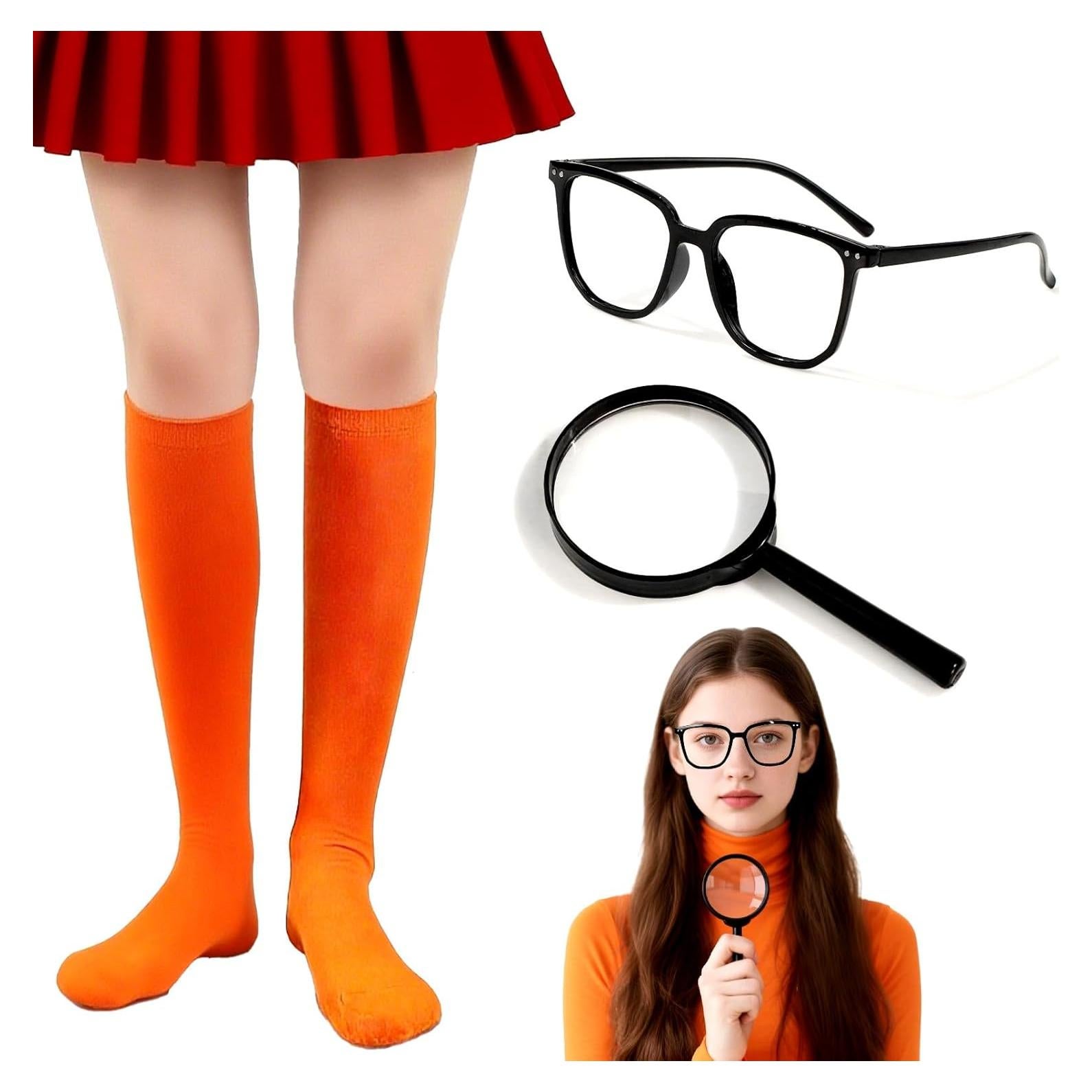 Conjunto Disfraz Halloween Mujeres: Calcetines Naranja, Gafas y Lupa