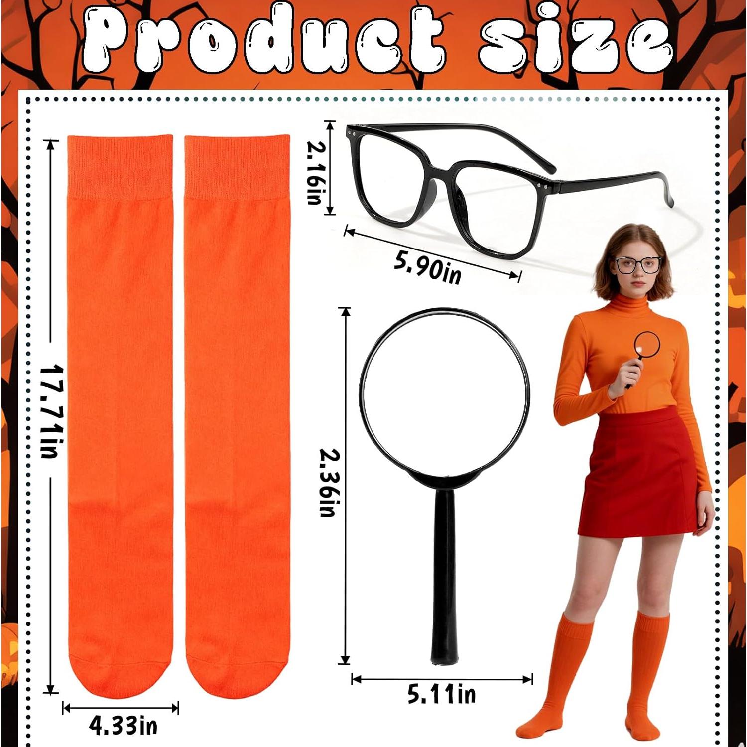 Conjunto Disfraz Halloween Mujeres: Calcetines Naranja, Gafas y Lupa