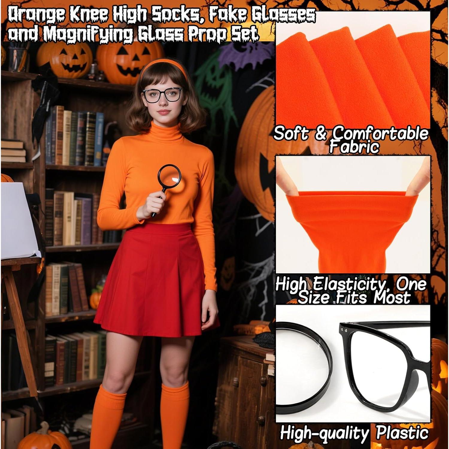 Conjunto Disfraz Halloween Mujeres: Calcetines Naranja, Gafas y Lupa