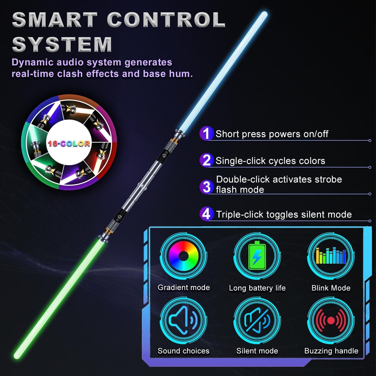Sables de Luz XUZ 2 Paquete, Mango de Metal, 16 Colores RGB