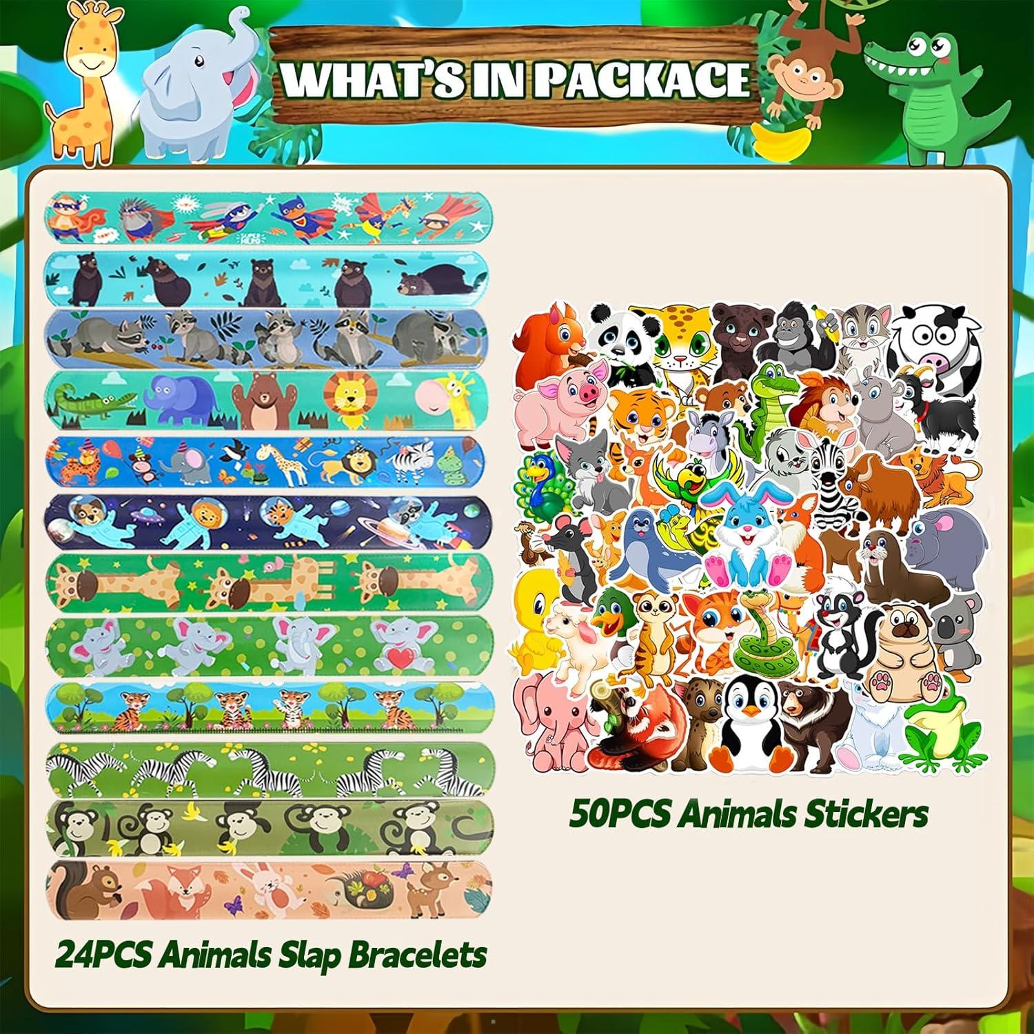 74PCS Forest Animals Party Favor 50PCS Woodland Party Stickers&24PCS Slap Bracelets Jungle Animals Birthday Supplies Team Gift Fillers School Classroom games Rewards Supplies