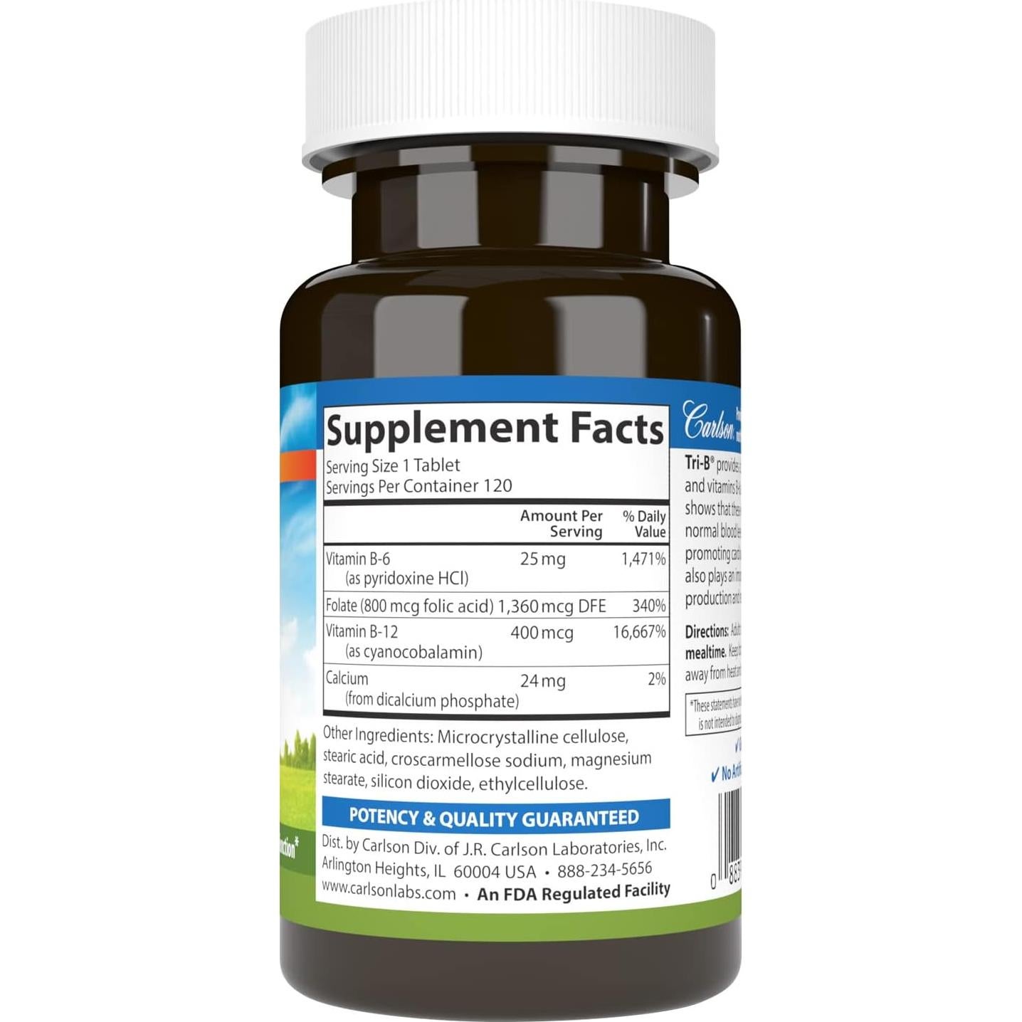 Carlson Tri-B Complejo de Vitaminas B 120 Tabletas 25 mg B6 400 mcg B12