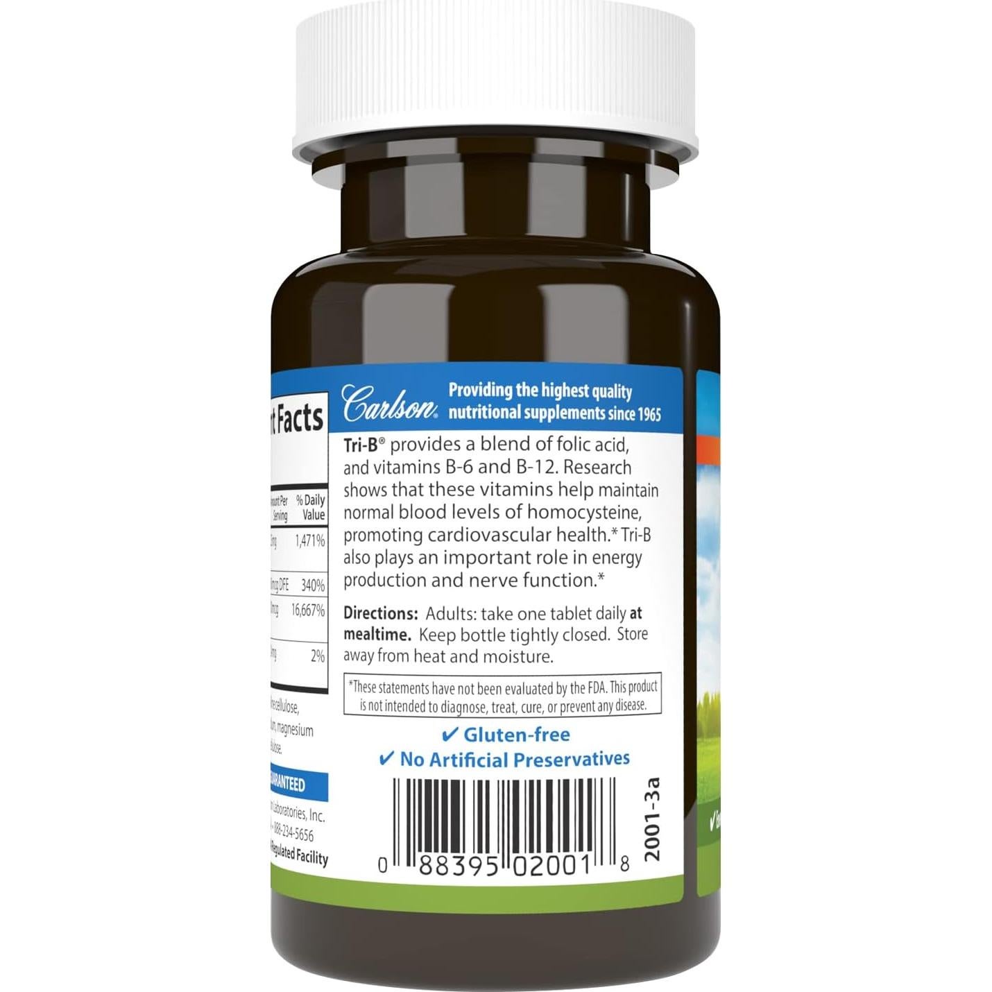 Carlson Tri-B Complejo de Vitaminas B 120 Tabletas 25 mg B6 400 mcg B12