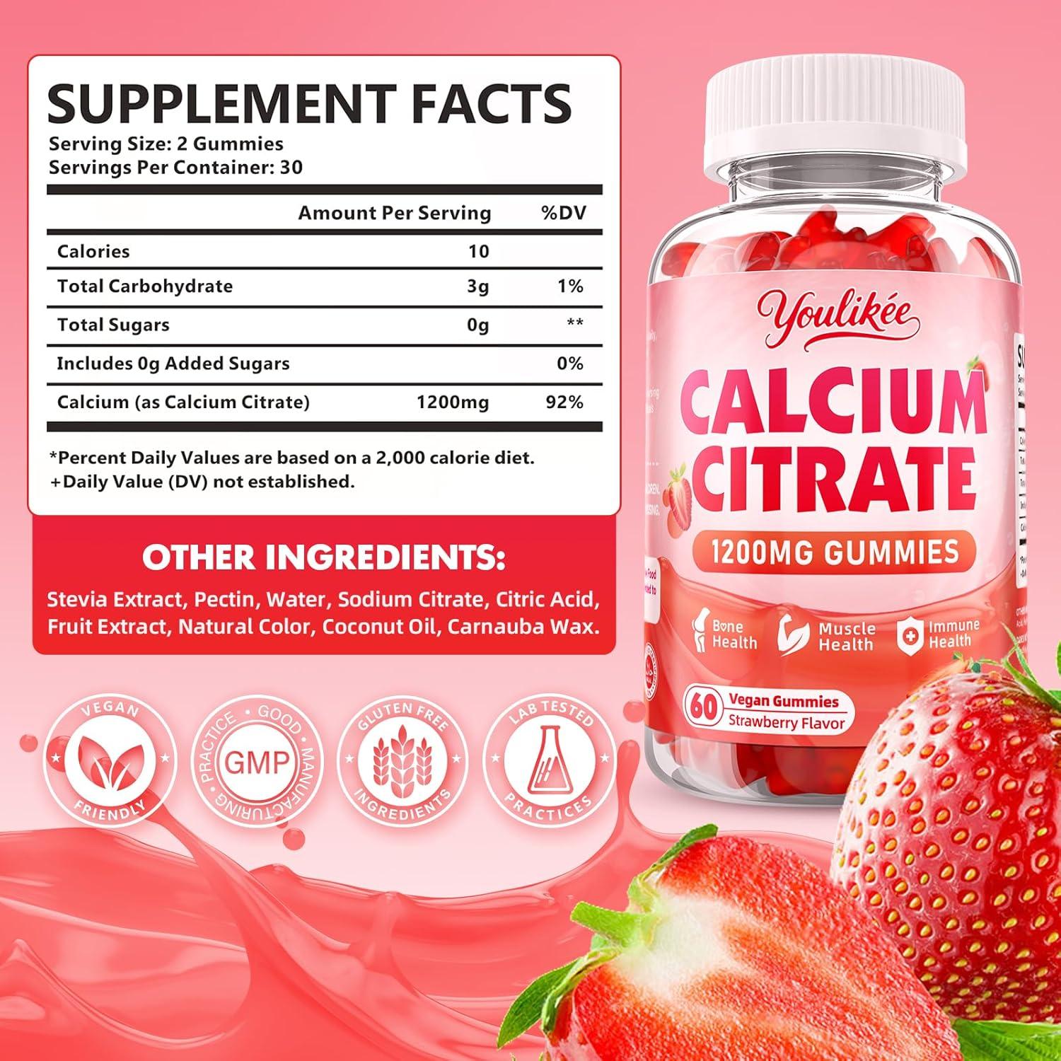 Gomitas de Citrato de Calcio 1200 mg Youlikee Sabor Fresa 60 Unidades