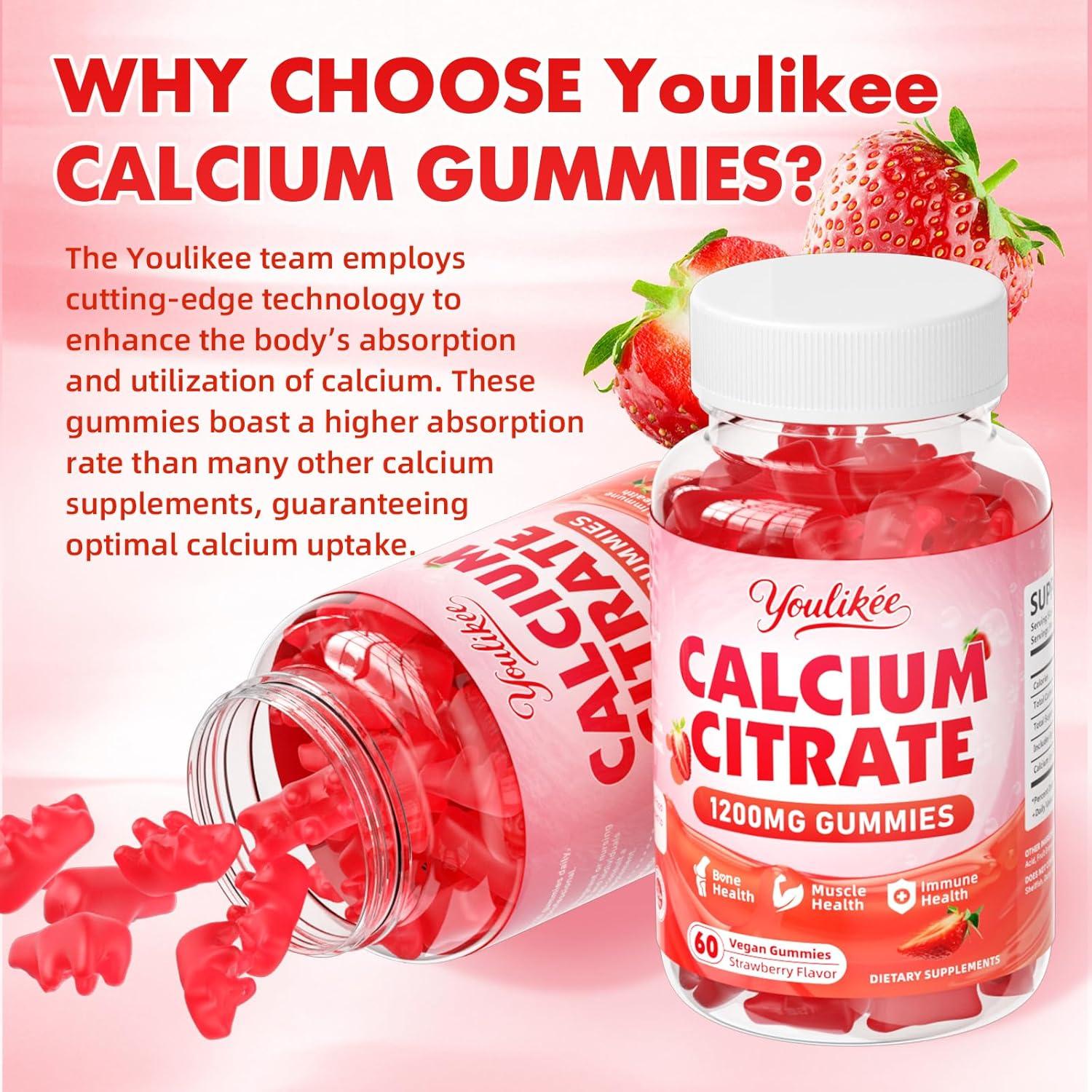 Gomitas de Citrato de Calcio 1200 mg Youlikee Sabor Fresa 60 Unidades