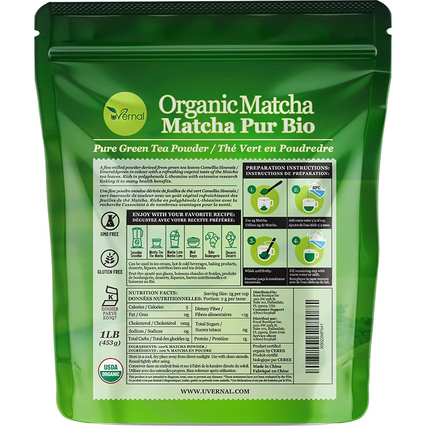 Polvo de Té Verde Matcha Orgánico uVernal 454g - 100% Puro
