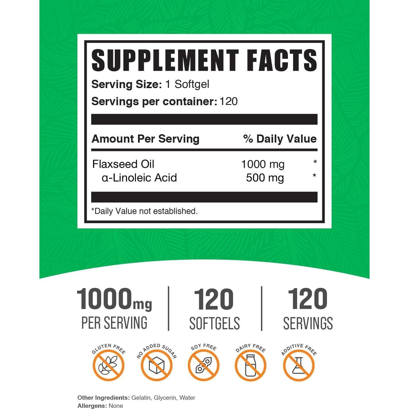 Gelatinas de Aceite de Semilla de Lino BulkSupplements 1000mg 120 Cápsulas
