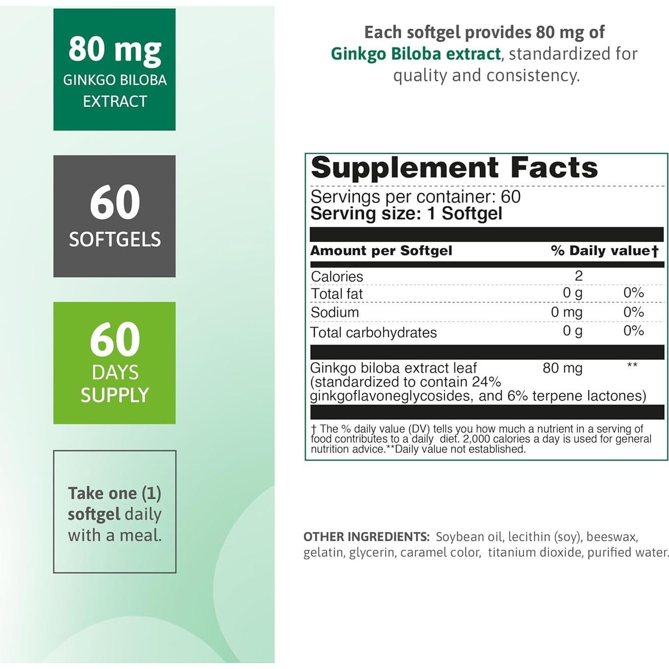Suplemento Ginkgo Biloba 80 mg Nutra - Memoria y Salud Cerebral (60 Softgels)