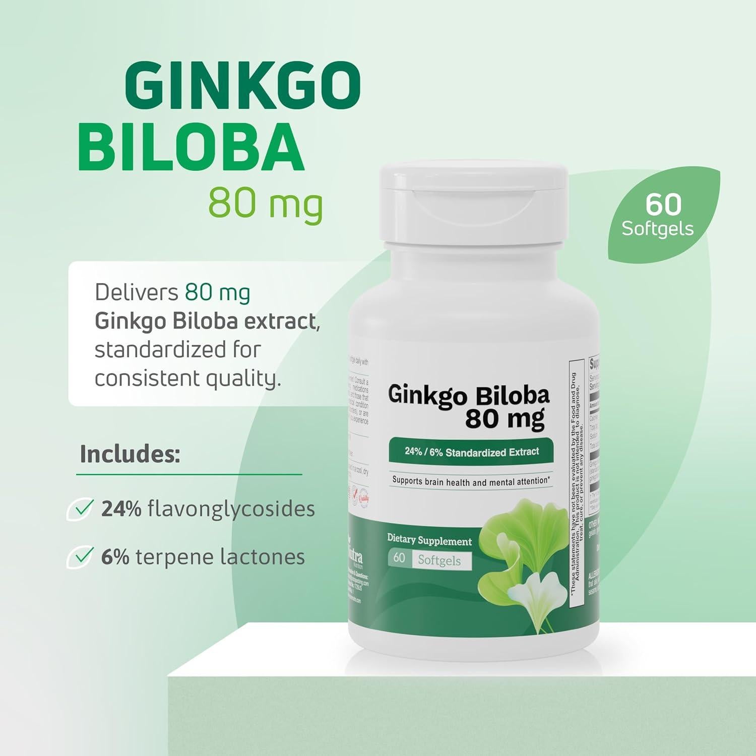 Suplemento Ginkgo Biloba 80 mg Nutra - Memoria y Salud Cerebral (60 Softgels)