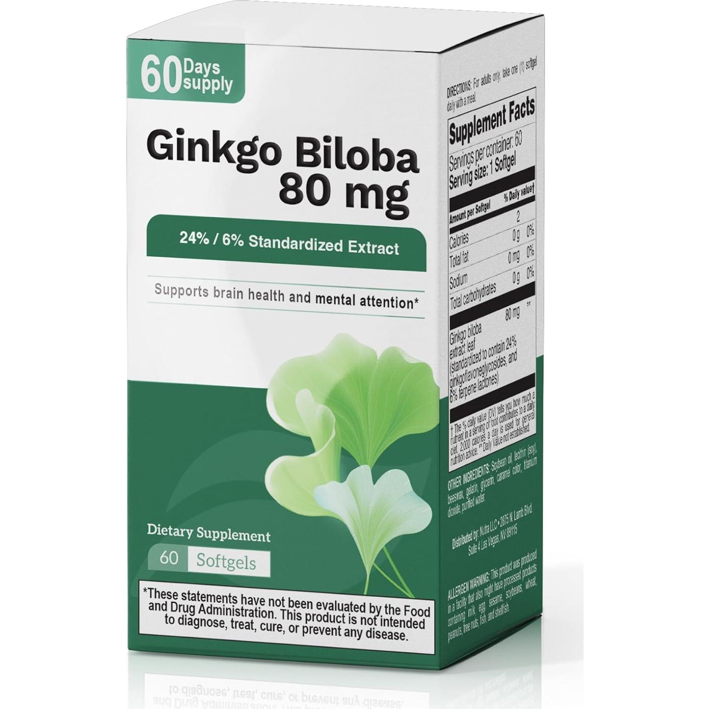 Suplemento Ginkgo Biloba 80 mg Nutra - Memoria y Salud Cerebral (60 Softgels)