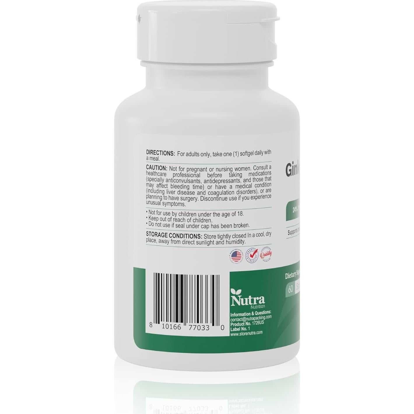 Suplemento Ginkgo Biloba 80 mg Nutra - Memoria y Salud Cerebral (60 Softgels)