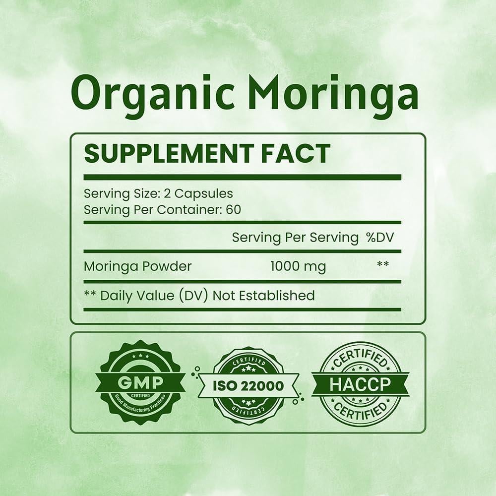 Cápsulas de Moringa Orgánica Ireya Ayurveda 1000 mg - 120 Unidades