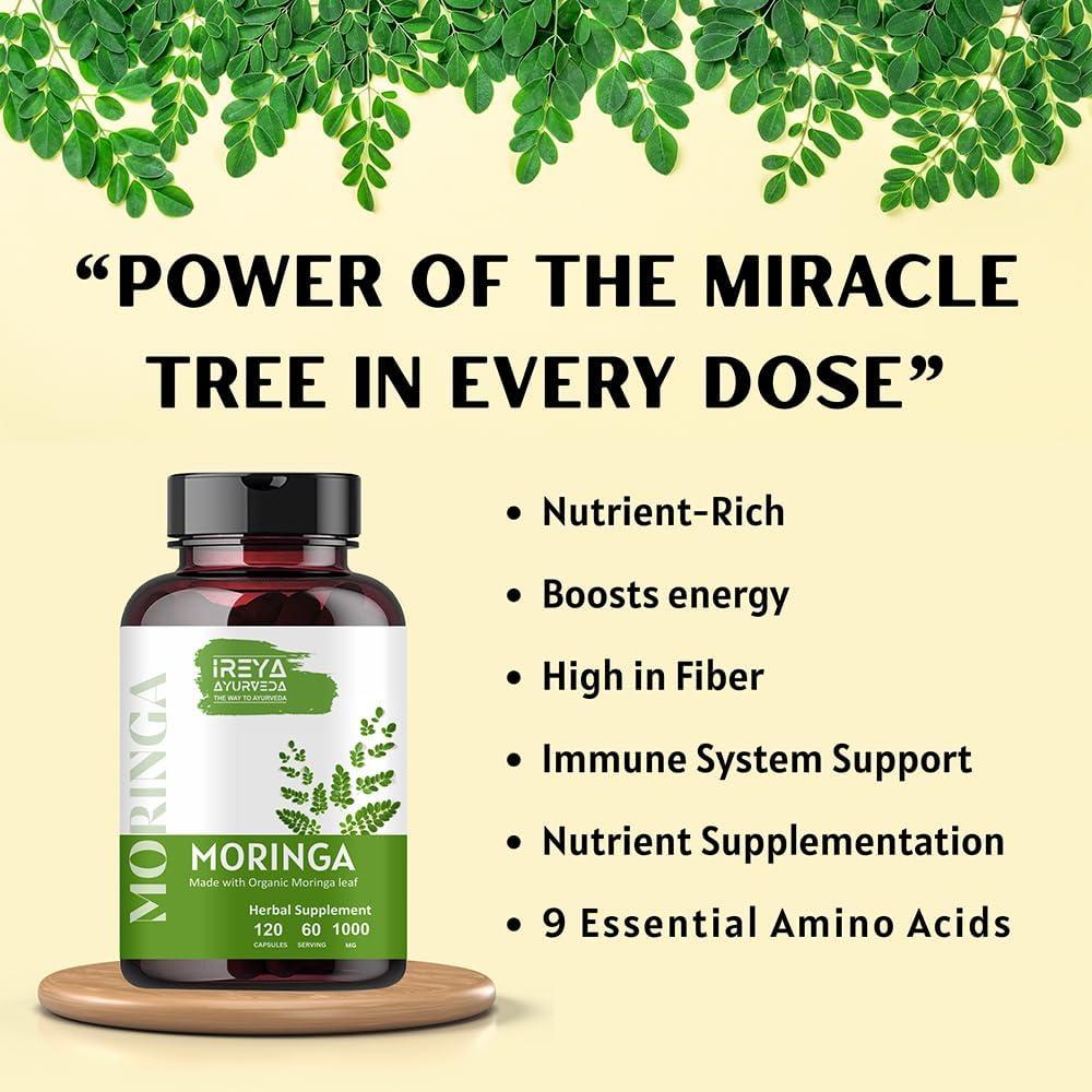 Cápsulas de Moringa Orgánica Ireya Ayurveda 1000 mg - 120 Unidades