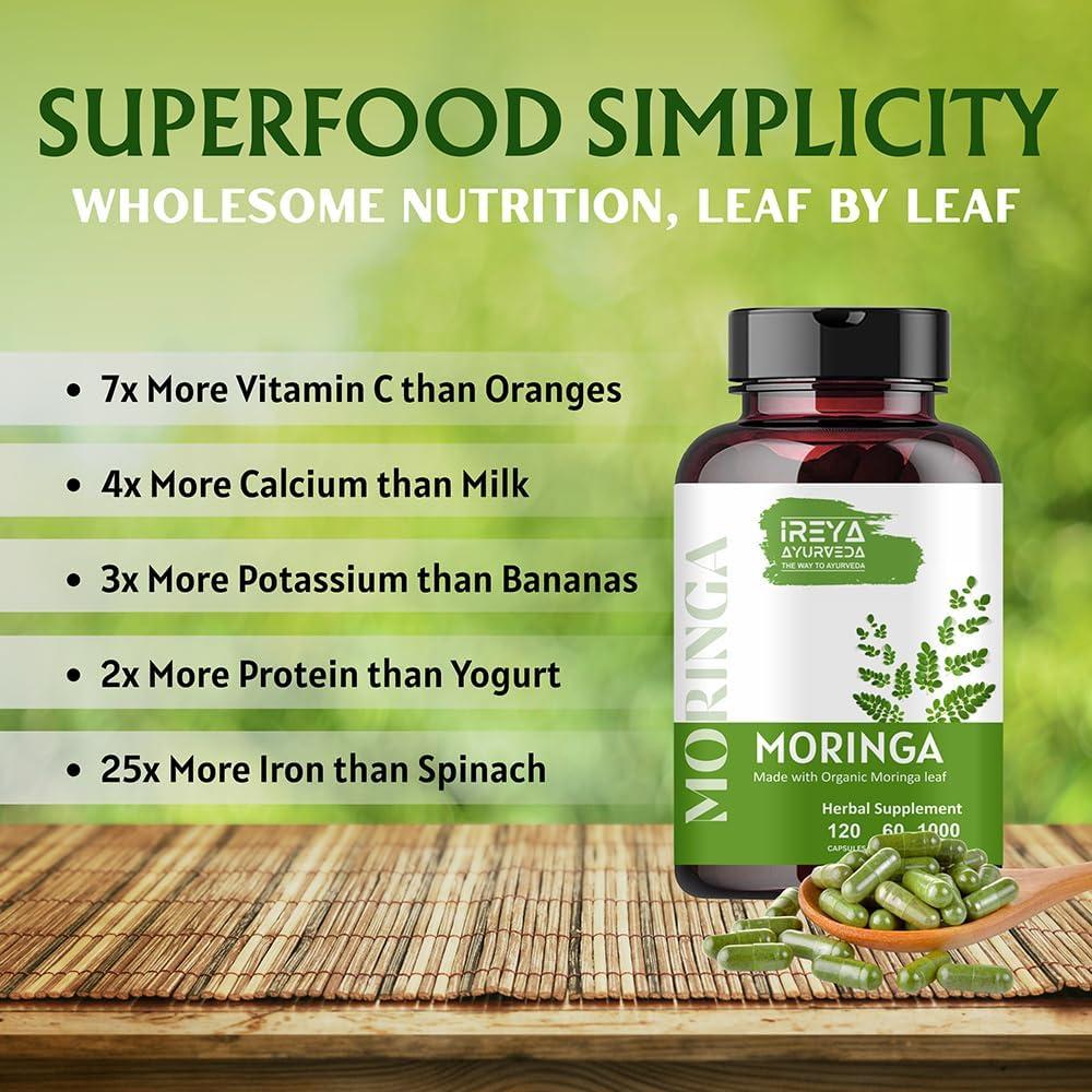 Cápsulas de Moringa Orgánica Ireya Ayurveda 1000 mg - 120 Unidades