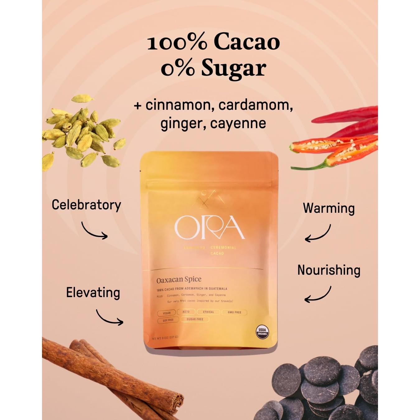 Cacao Ceremonial Orgánico Ora - Kit de 12 x 28.3g - Sin Azúcar