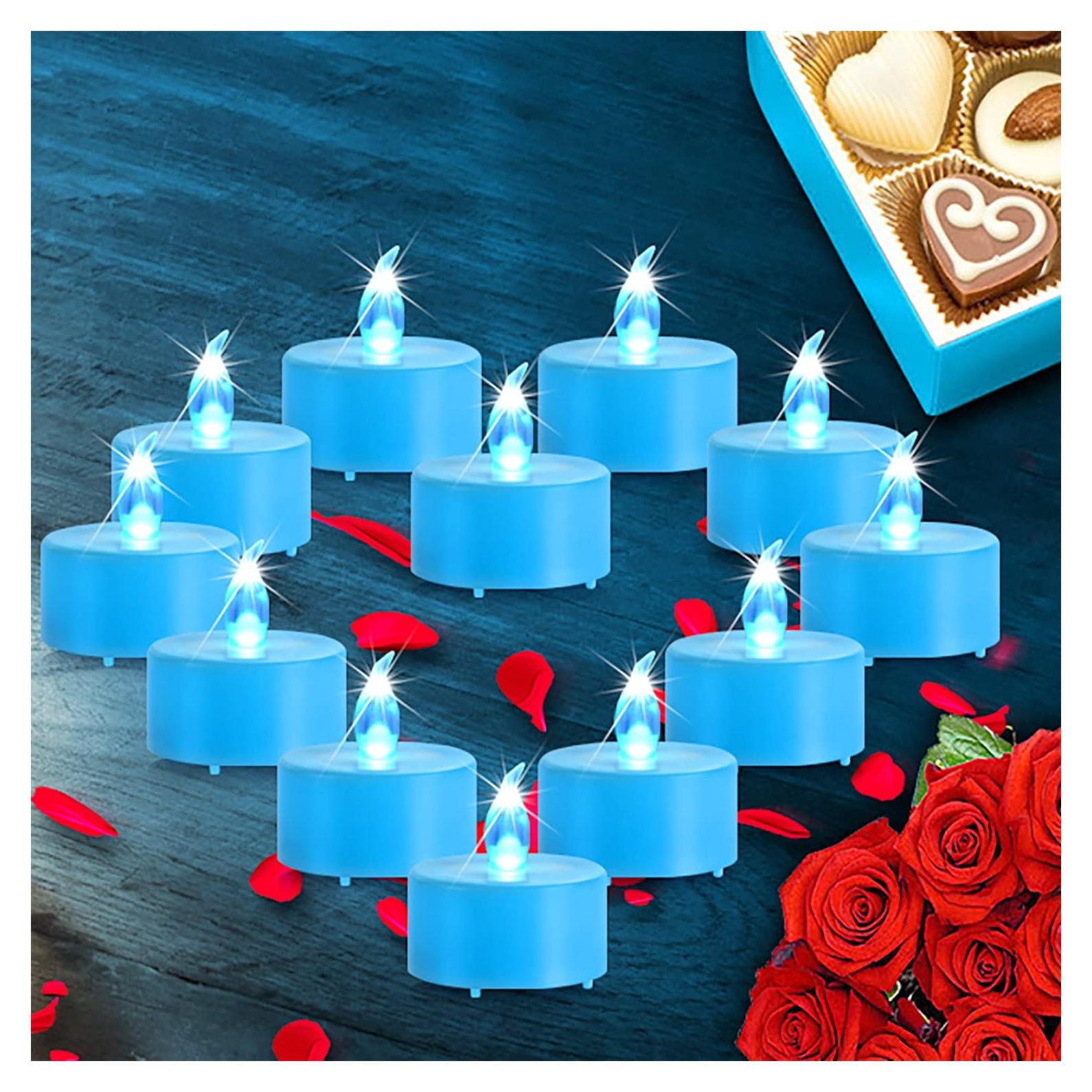 PILLOBOX Battery Operated Flameless Tea Lights: 24PACK LED Electric Candles Lamp Realistic and Bright Flickering Holiday Gift Long Lasting for Birthday Wedding Party Home Decoration (24PACK Blue)