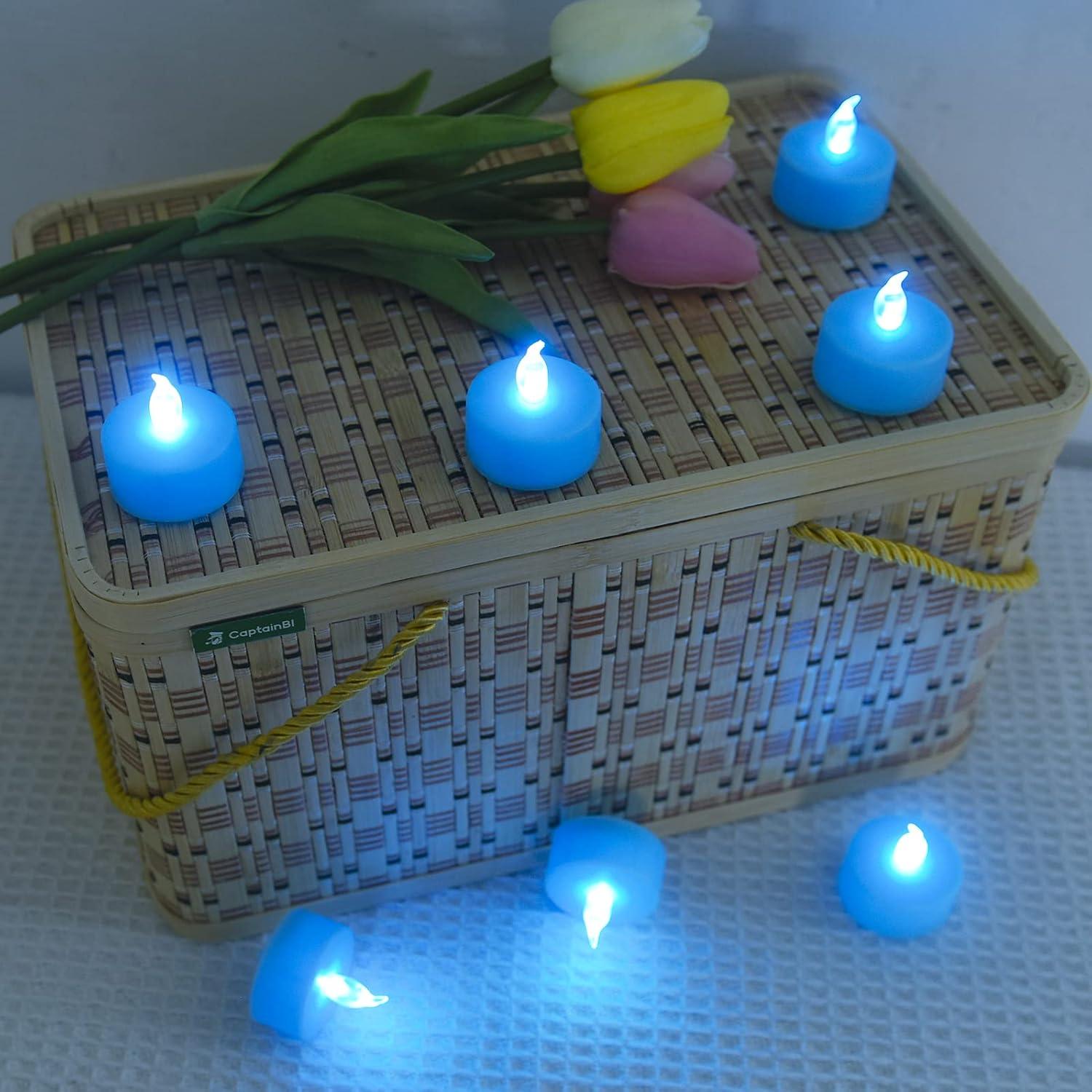 PILLOBOX Battery Operated Flameless Tea Lights: 24PACK LED Electric Candles Lamp Realistic and Bright Flickering Holiday Gift Long Lasting for Birthday Wedding Party Home Decoration (24PACK Blue)
