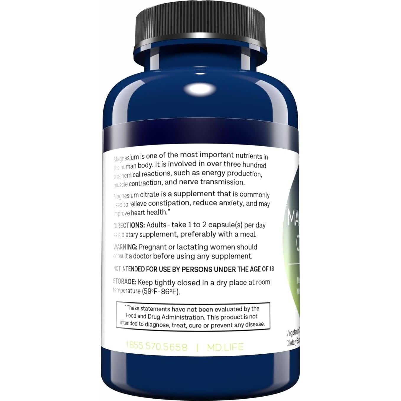 Citrato de Magnesio 250 mg MD. Life - 30 Cápsulas Fáciles de Tragar