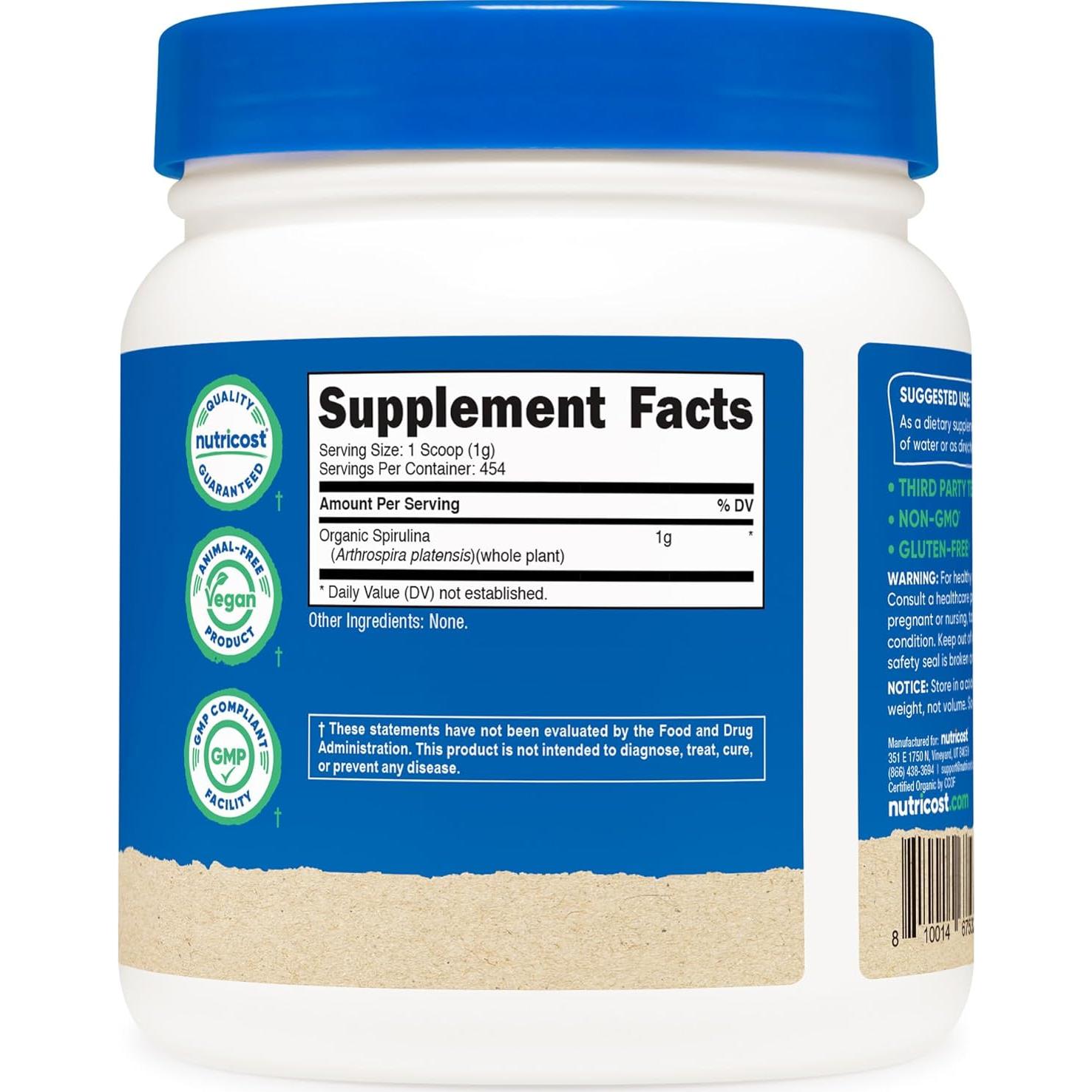 Polvo de Espirulina Orgánica Nutricost 454 Gr - Superalimento