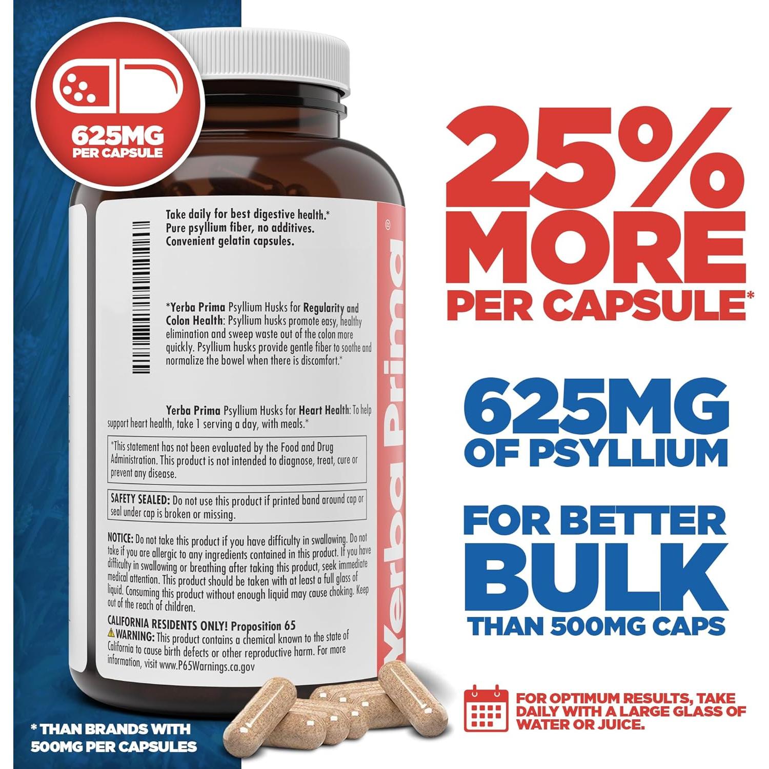 Yerba Prima Psyllium Husks 625 mg 400 Cápsulas - Fibra Natural